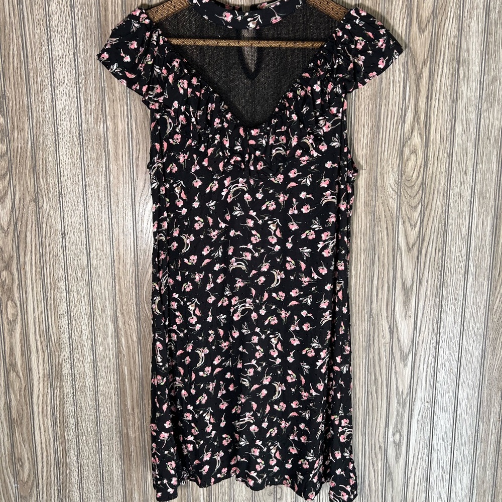 Black Pink Floral Lace Mesh Neck Short Sleeve Mini Dress Anthropologie